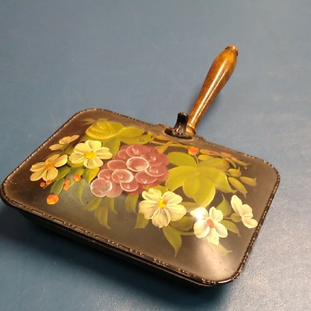 Toleware Silent Butler Crumb Catcher Floral Painted with Wooden Handle